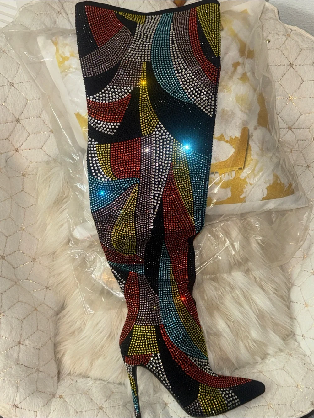 Multicolor Crystal-Embellished Over-the-Knee Stiletto Boot